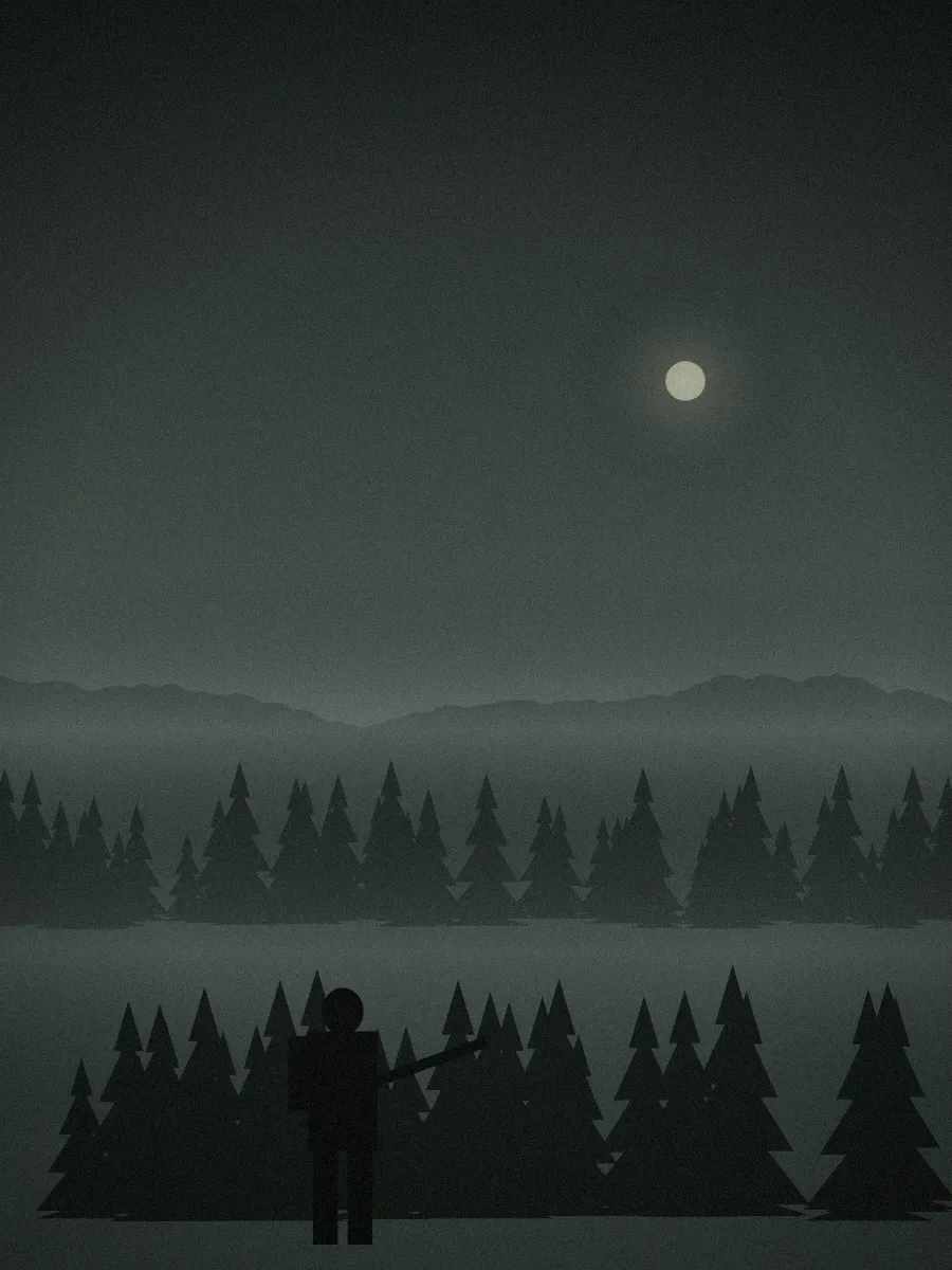 Soldado entre pinheiros numa floresta com neblina