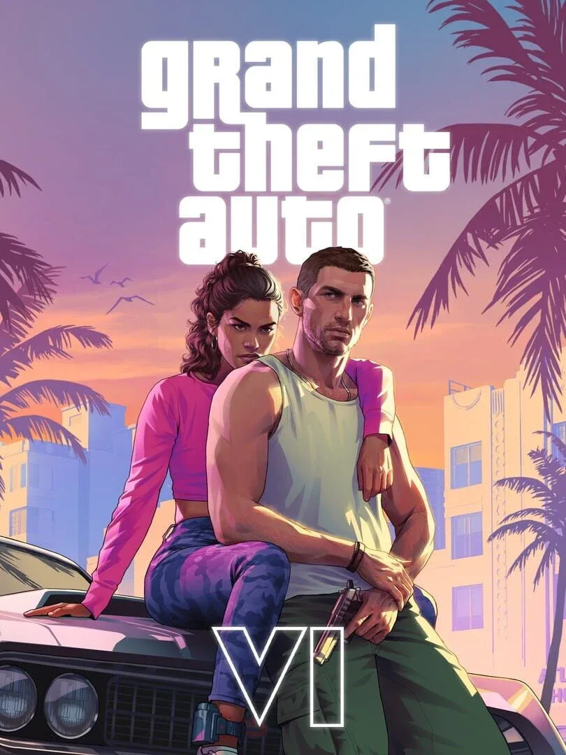 Protagonistas do GTA  VI, Lucia e Jason, fazendo pose para foto, apoiados em um carro, com logo do jogo atrás.