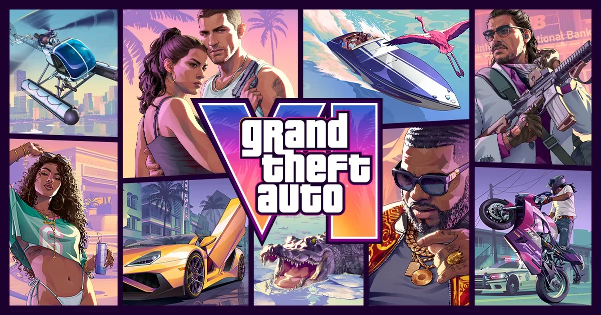 Arte oficial de GTA 6 com Lucia, Jason e cenas de Vice City em quadros coloridos