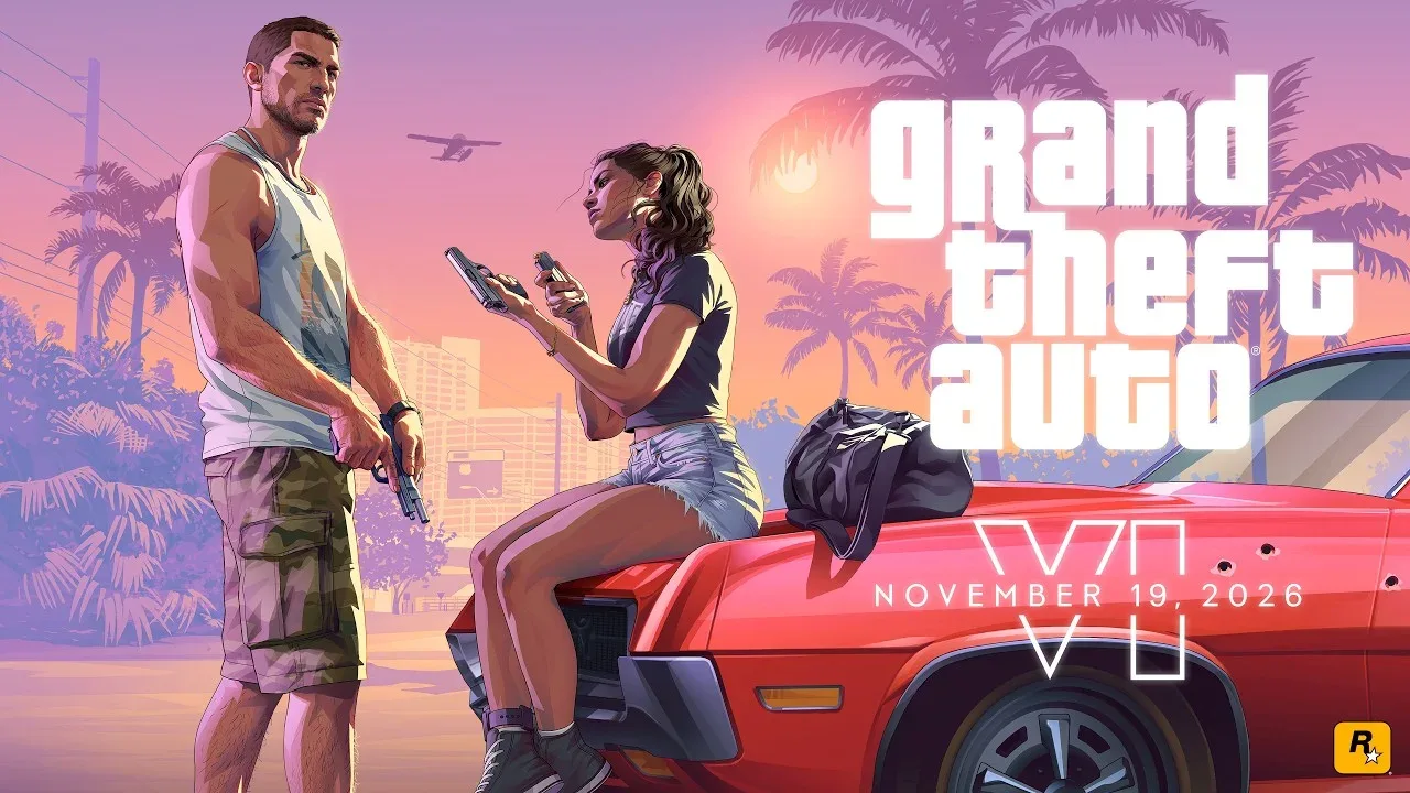 Arte de GTA 6 com Jason segurando uma pistola e Lucia sentada no capô de um carro vermelho, com a data 19 de novembro de 2026