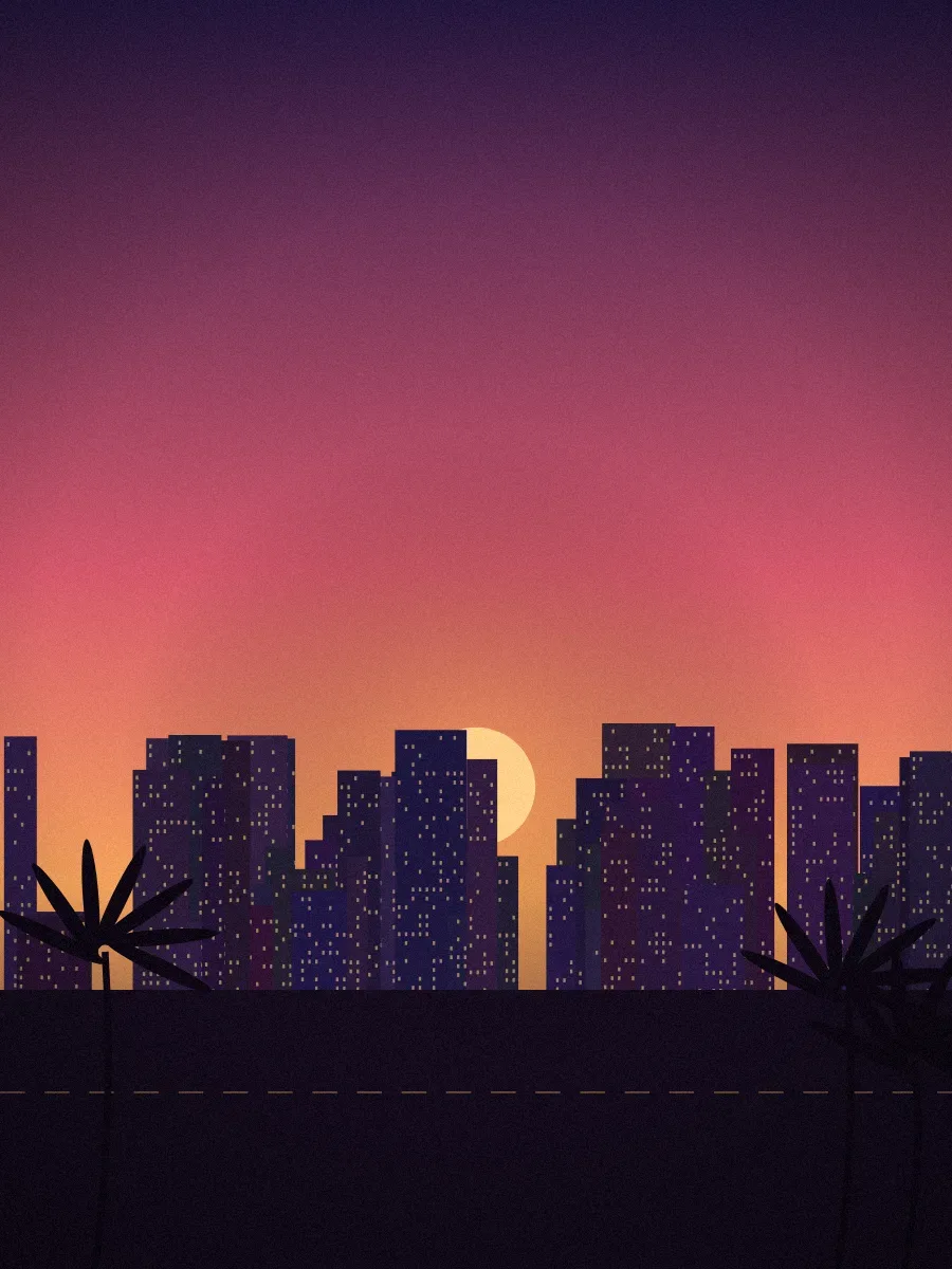 Cidade ao pôr do sol com palmeiras